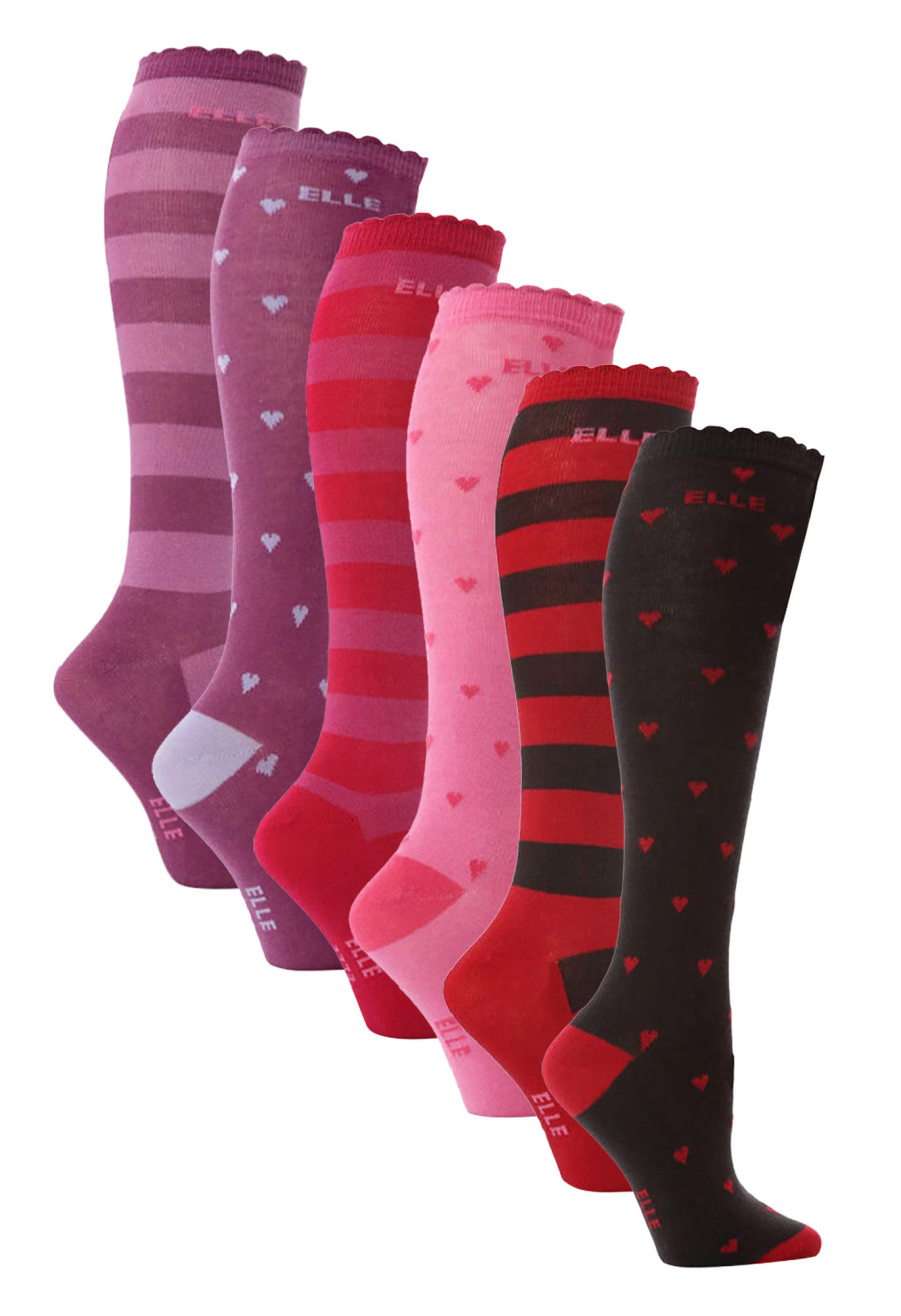 6 Pair Multipack Girls Knee High Socks | Elle | Kids Novelty Cute & Breathable Heart Patterned Socks