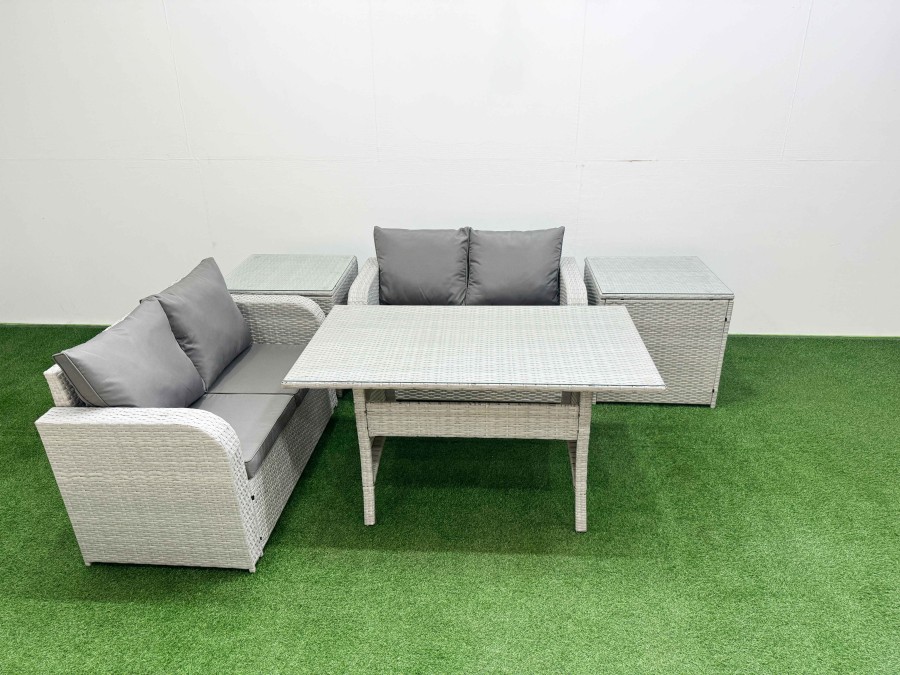 Click to view product details and reviews for Fimous 4 Seater Outdoor Love Sofa Set Rattan Garden Furniture Set With Rectangular Dining Table 2 Side Tables Light Grey.