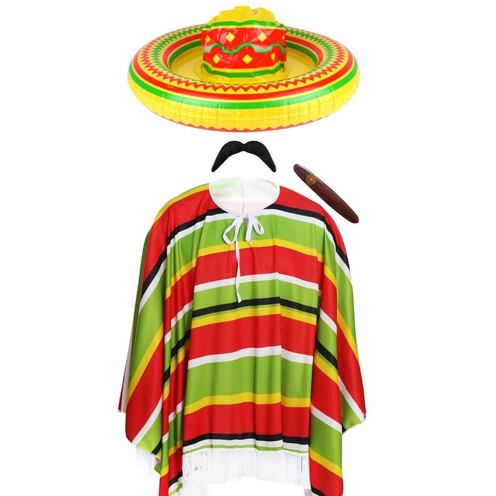 Click to view product details and reviews for Adults Mexican Costume 4 Pcs Inflatable Sombrero Moustache Cigar Red Green Poncho.