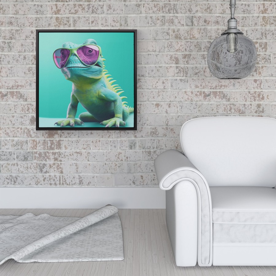 Click to view product details and reviews for Happy Splashart Iguana Wearing Glasses Framed Canvas 16 X 16 Black.