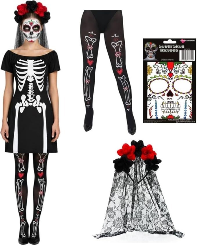 Ladies Day of the Dead Senorita Skeleton Costume | 4 Pcs | Dress, Tights, Headband & Face Tattoos