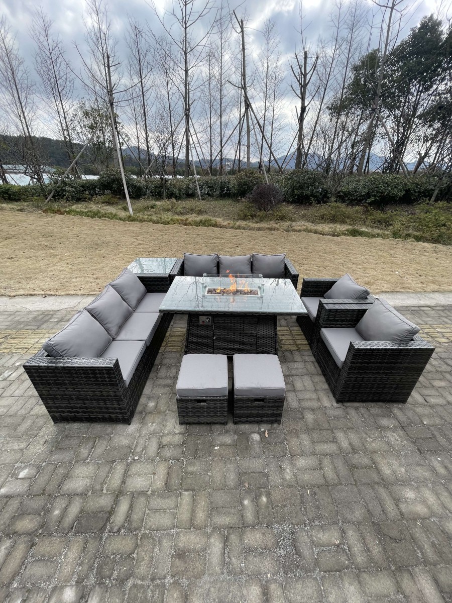 Click to view product details and reviews for Fimous 10 Seateroutdoor Lounge Rattan Sofa Set Garden Furniture Gas Firepit Set Dining Table With Chair Coffee Table Stools Dark Grey Mixed.