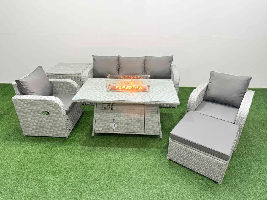 Click to view product details and reviews for Fimous Pe Rattan Garden Furniture Set Reclining Chair Sofa Lounge Sofa Set Firepit Dining Table Side Table Big Footstool Light Grey.