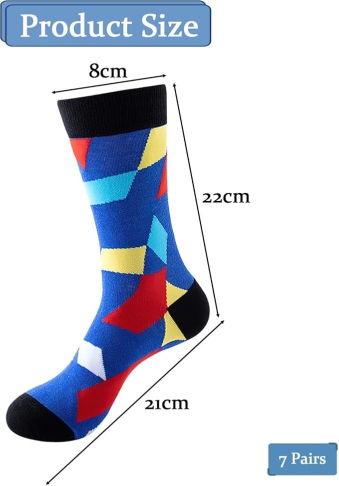 7 Pairs Men’s Colorful Dress Socks, Combed Cotton Crew Novelty Funky Socks, Breathable Casual Gift Set, Size 6-11