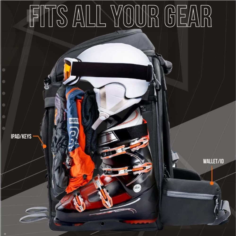 Sklon Ski Boot Bag Backpack - 55-65 Litter Expansion - Waterproof Winter Sport Pack for Travel (Black)