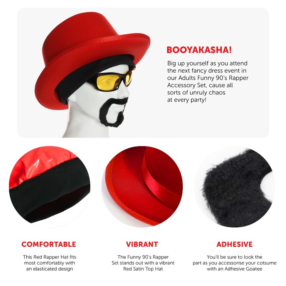 Adults Funny 90's Rapper Accessory Set - Top Hat, Glasses, Goatee, Beanie