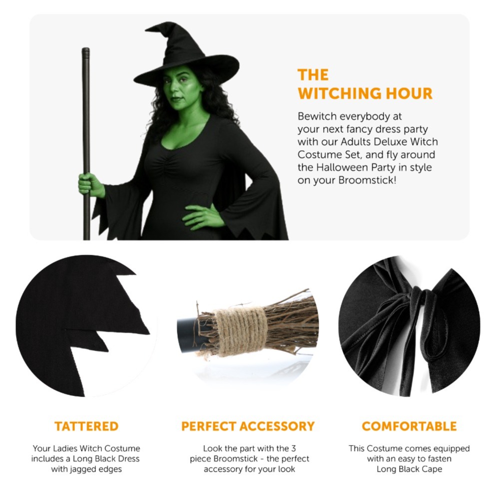 Ladies Deluxe Witch Costume | 6 Pcs | Dress, Tights, Cape, Hat, Broom & Face Paint
