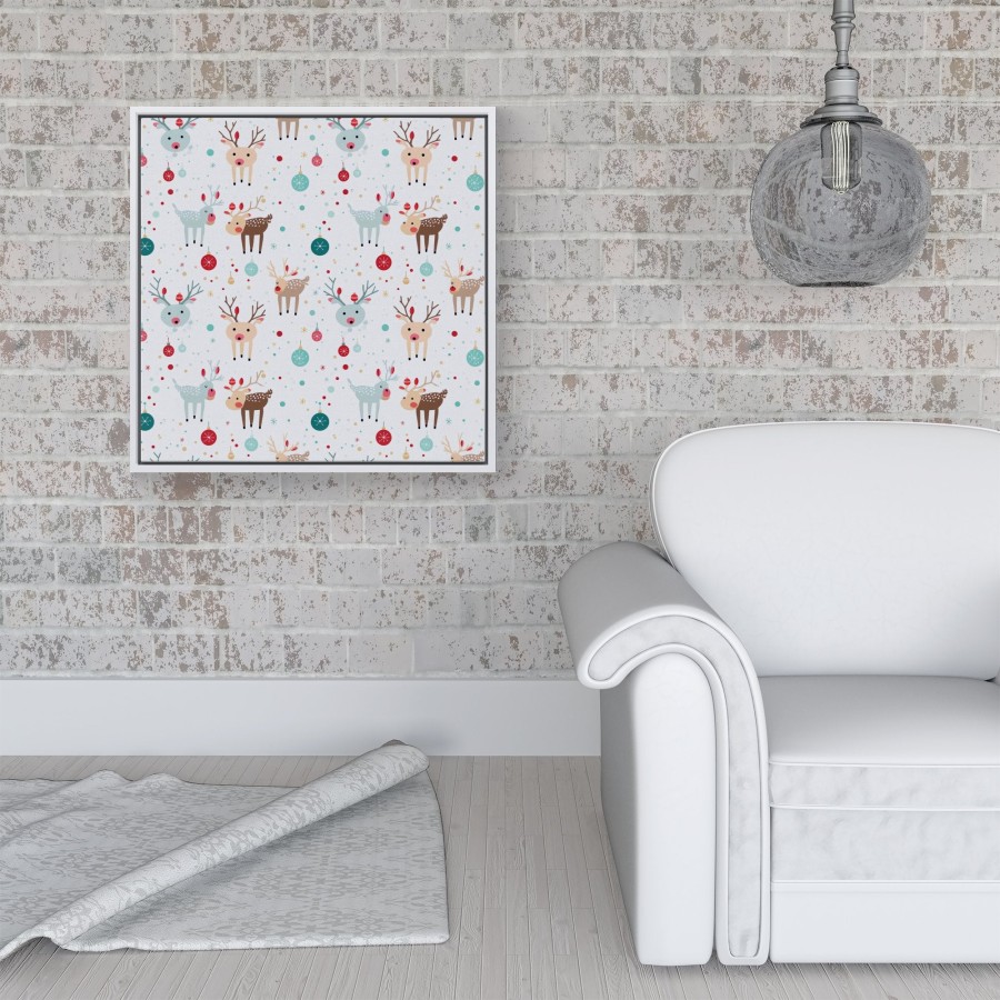 Click to view product details and reviews for Happy Reindeer With Christmas Lights Framed Canvas 16 X 16 White.