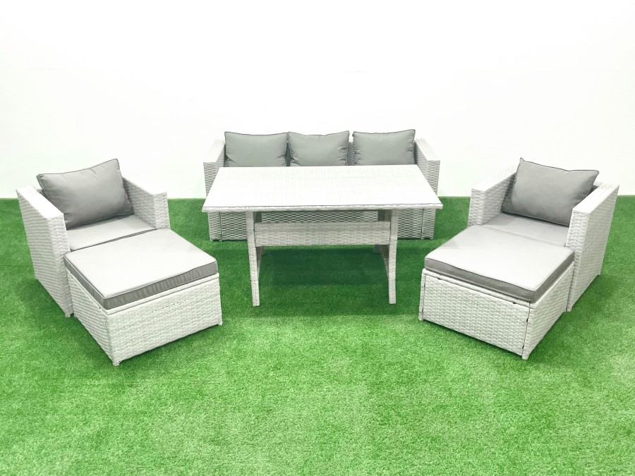 Click to view product details and reviews for Fimous Garden Dining Set Outdoor Rattan Furniture Set With Sofa Dining Table 2 Chairs 2 Big Footstools Light Grey Mixed.