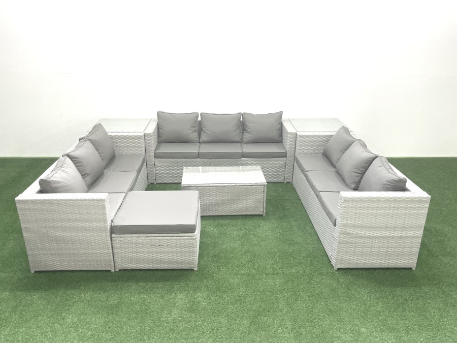 Click to view product details and reviews for Fimous Rattan Garden Outdoor Furniture Set 10 Seater Garden Sofa Coffee Table Set With Big Footstool 2 Side Tables Light Grey Mixed.