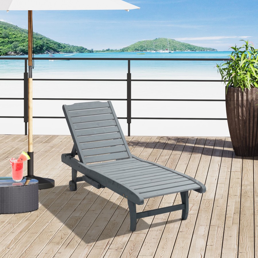 Click to view product details and reviews for Outsunny Garden Patio Sun Lounger Outdoor Wooden Sun Bed With Built In Table Reclining Backrest And Rolling Wheels For Sunbathing Grey.