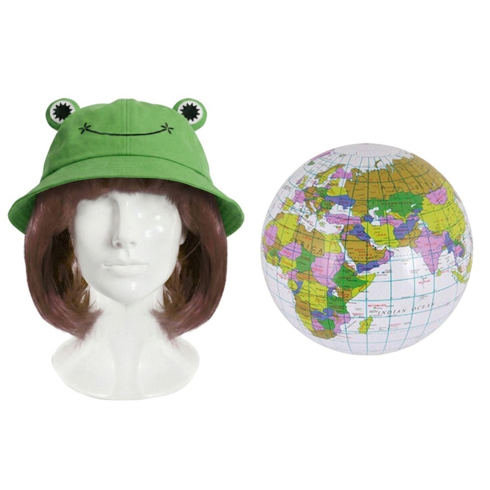 Click to view product details and reviews for Ladies Greta Accessory Set 3 Pcs Frog Bucket Hat Bob Wig Inflatable Globe.