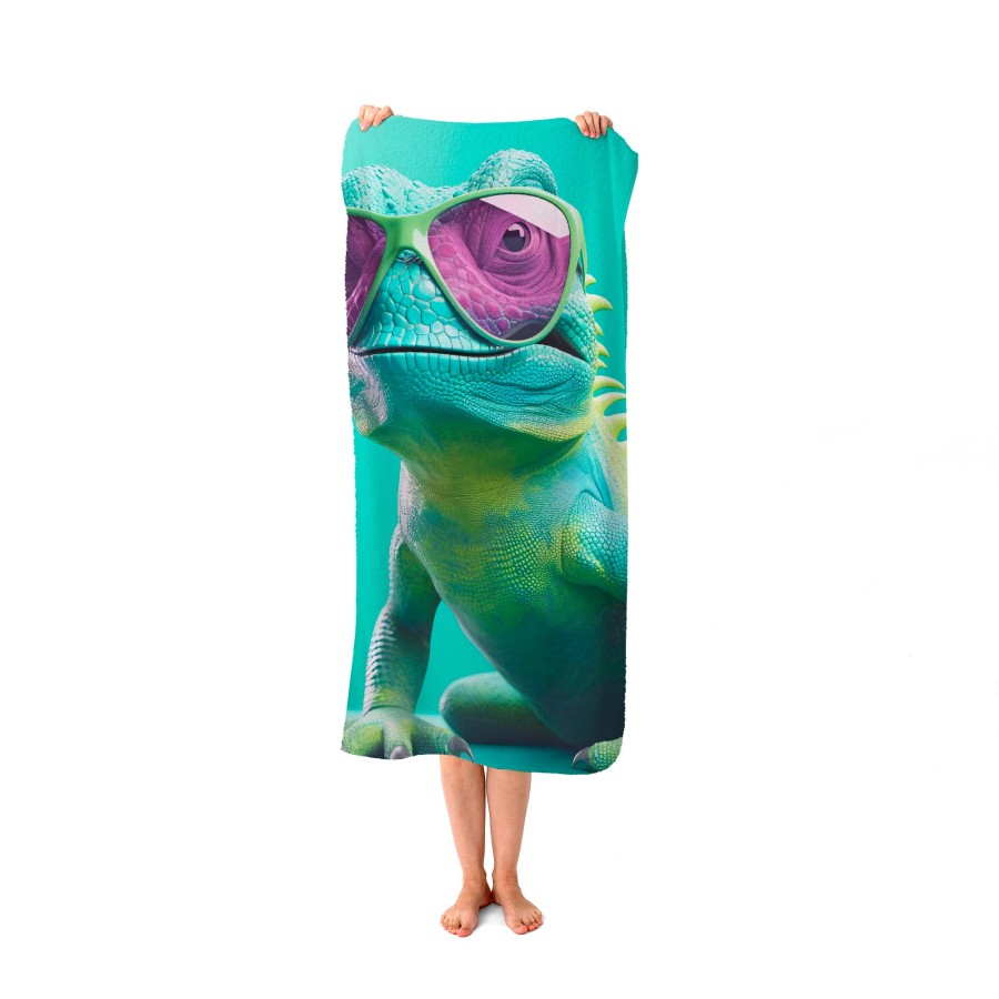 Click to view product details and reviews for Happy Splashart Iguana Wearing Glasses Beach Towel.