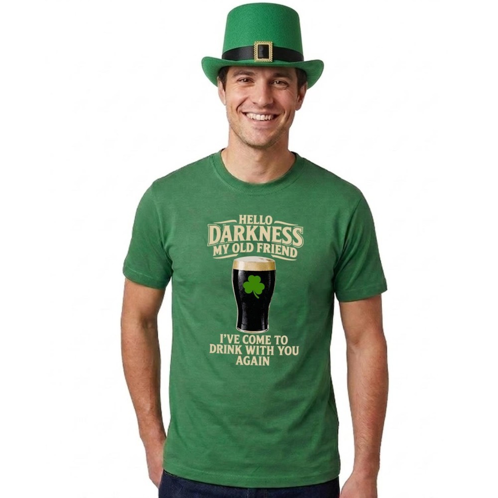Click to view product details and reviews for Adults Funny St Patricks Day Costume Top Hat T Shirt &ldquo;hello Darkness My Old Friend Ive Come To Drink With You Again&rdquo; Green Tee With Beige P.