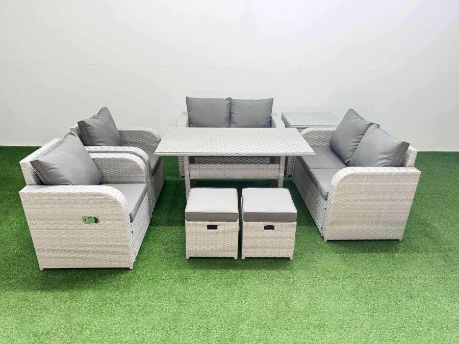 Click to view product details and reviews for Fimous 8 Seater Outdoor Reclining Chair Love Sofa Set Rattan Garden Furniture Set With Rectangular Dining Table 2 Stools Side Table Light Grey.