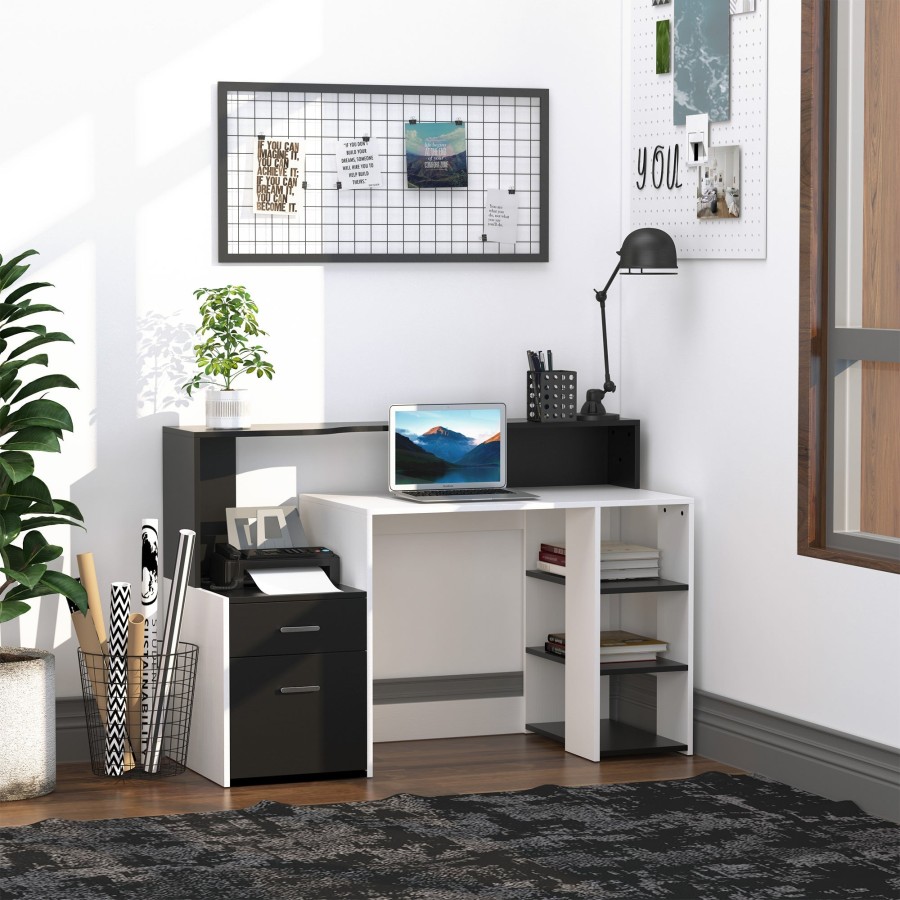 Computer Desk Pc Table Modern Home Office Writing Workstation Furniture Printer Shelf Rack W Storage Drawer Shelves Black And White