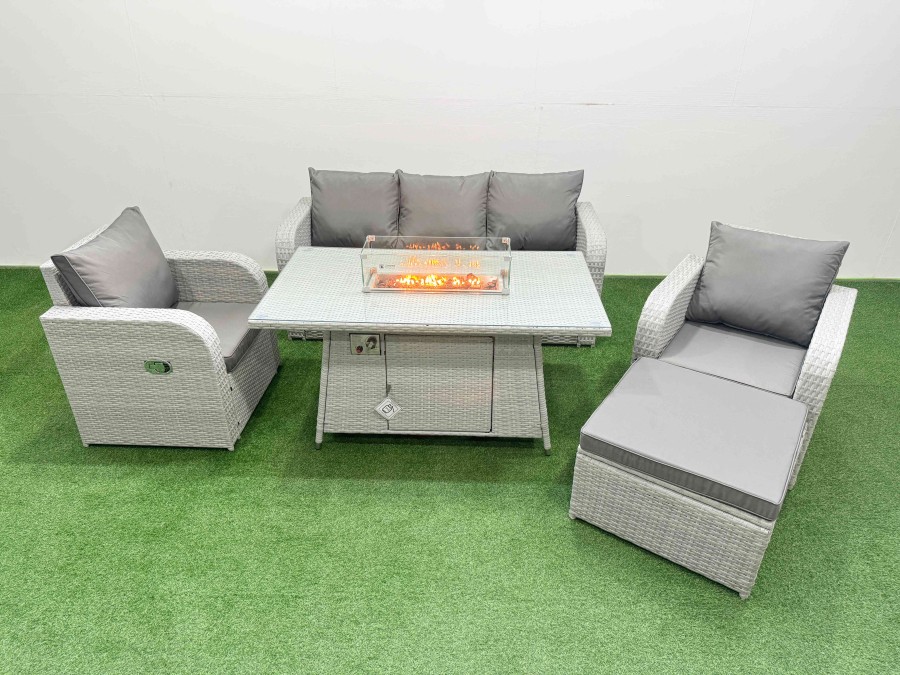 Click to view product details and reviews for Fimous Pe Rattan Garden Furniture Set Reclining Chair Sofa Lounge Sofa Set Firepit Dining Table Big Footstool Light Grey.