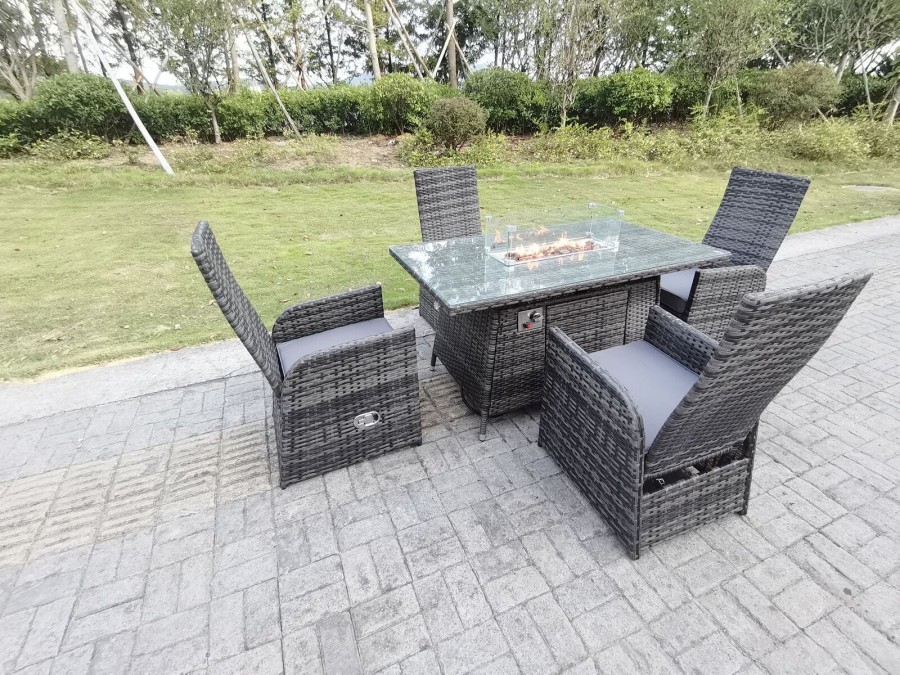 Click to view product details and reviews for Rattan Outdoor Furniture Gas Fire Pit Rectangle Dining Table Gas Heater Reclining Chair Sets 4 Seater.