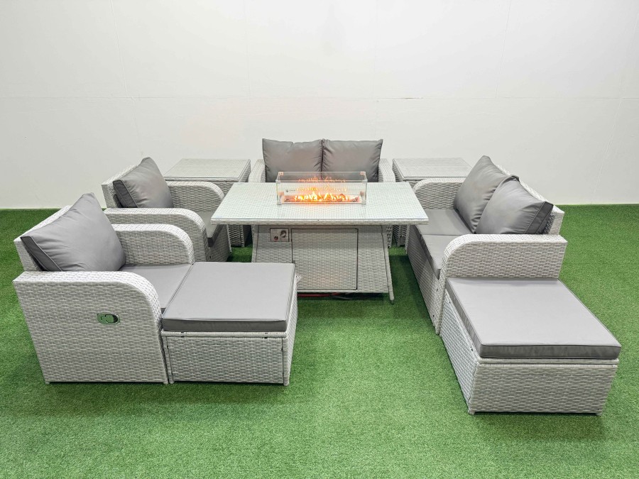 Click to view product details and reviews for Fimous 8 Seater Outdoor Reclining Chair Love Sofa Set Rattan Garden Furniture Set With Firepit Dining Table 2 Big Footstools 2 Side Table Light Grey.