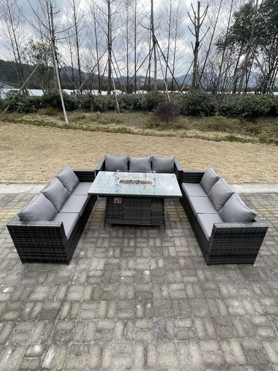 Click to view product details and reviews for Fimous 9 Seateru Shape Outdoor Lounge Rattan Sofa Set Garden Furniture Gas Firepit Set Dining Table Dark Grey Mixed.