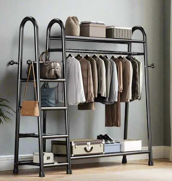 Heavy Duty Double Clothes Rail Rack with Bottom Storage Shelves & Hooks