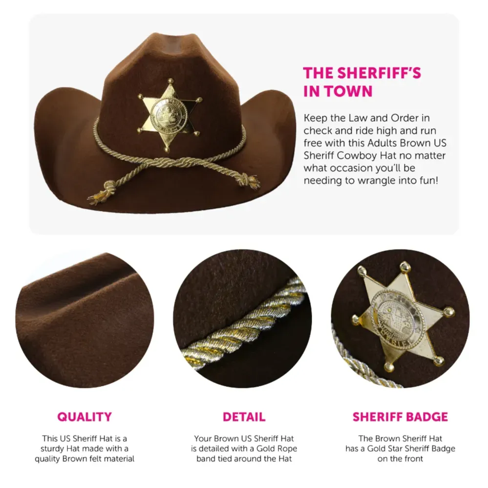 Adults Sheriff Accessory Set | 2 Pcs | Brown Hat & Gold Badge