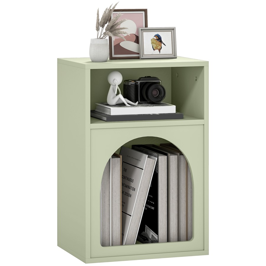 Click to view product details and reviews for Homcom Bedside Table Modern Bedside Cabinet With 2 Open Compartments And Unique Arch Design Side Table For Living Room Bedroom Light Green.