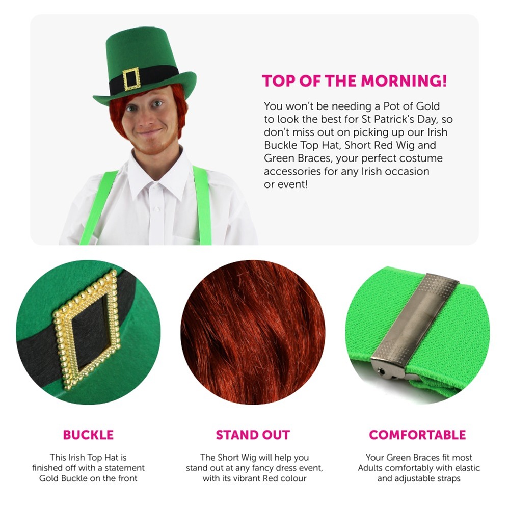 Irish Buckle Top Hat with Short Red Wig & Green Braces