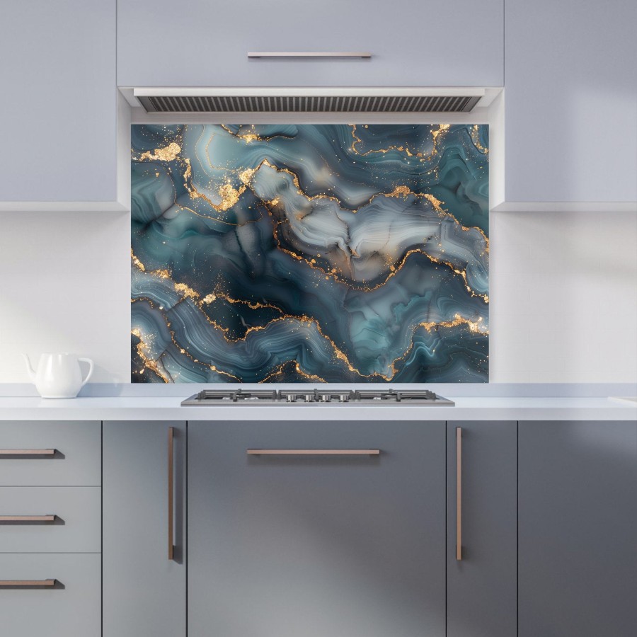 Click to view product details and reviews for Blues And Gold Marble Effect Kitchen Splashback W595mm X H745mm.