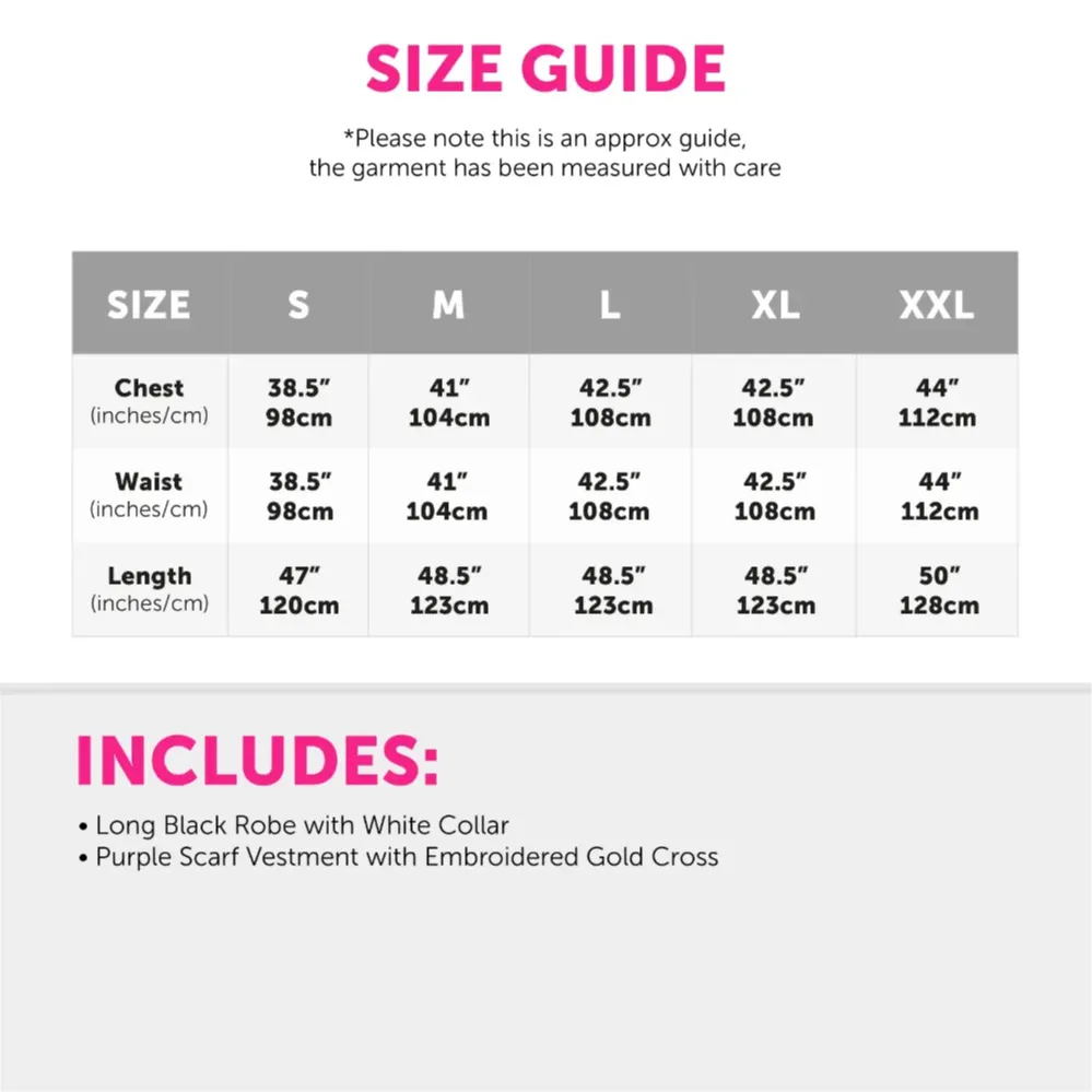 Adults Vicar Dibley Costume | 5 Pcs | Robe, Scarf, Wig, Cross & Inflatable Belly