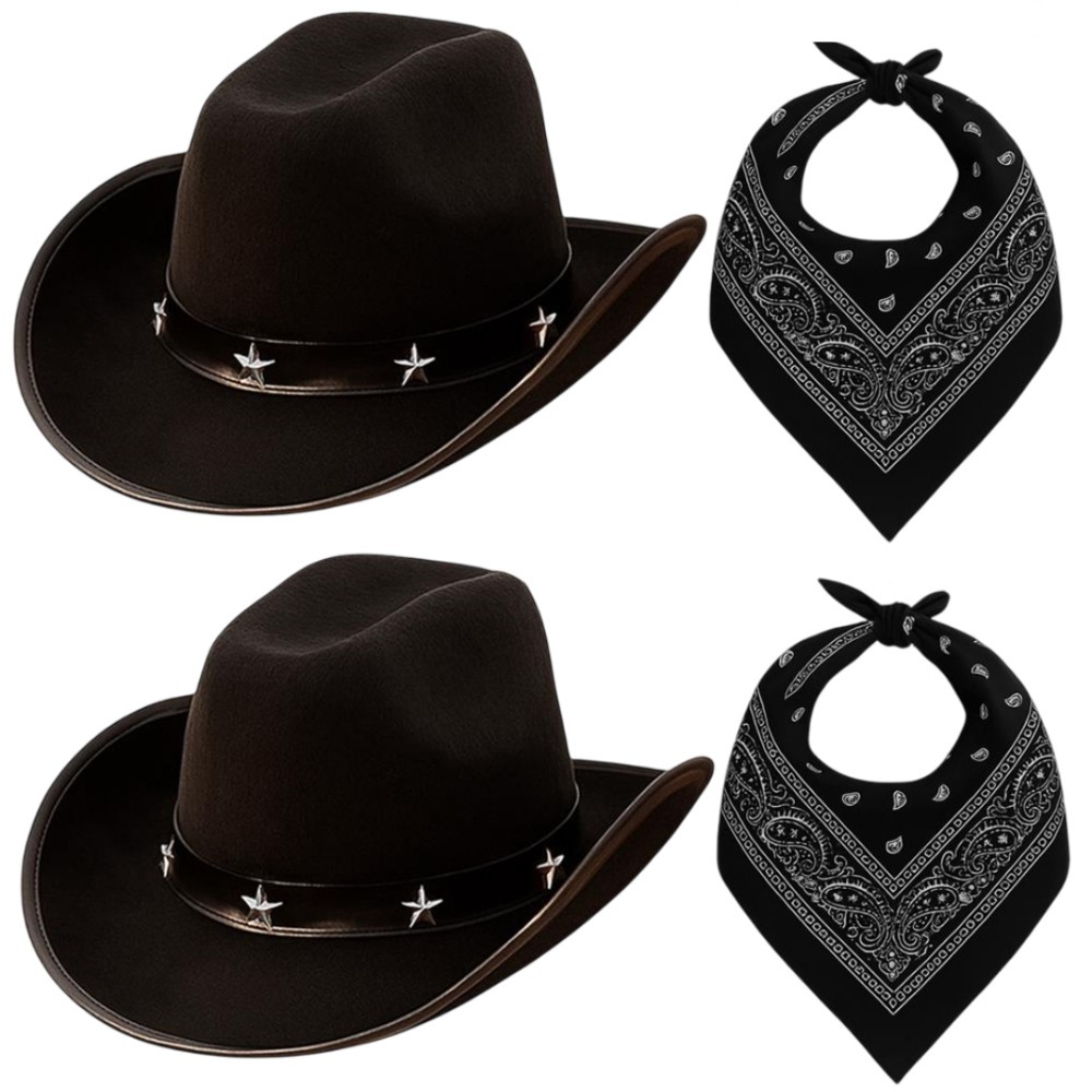 Click to view product details and reviews for Adults Black Star Studded Cowboy Hats With Black Paisley Bandanas Western Fancy Dress Accessory Set.