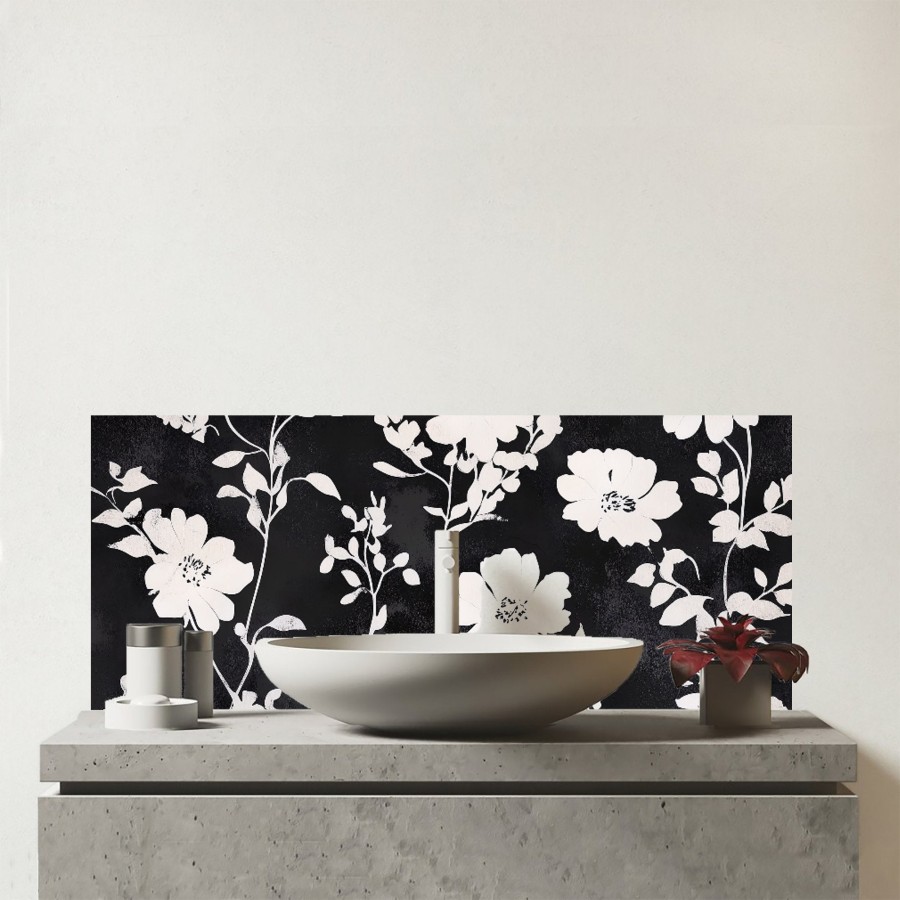 Click to view product details and reviews for Black And White Floral Silhouette Glass Bathroom Splashback.