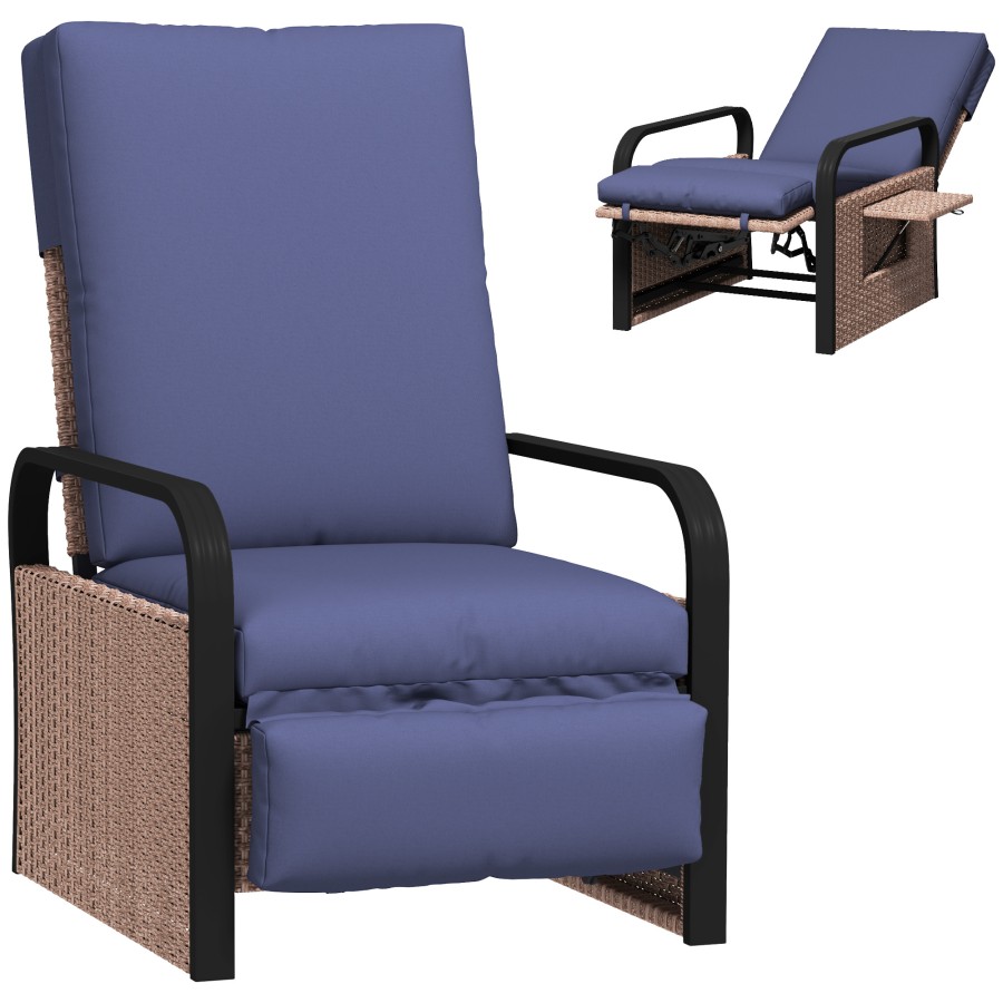 Outsunny Rattan Garden Recliner Chair Reclining Rattan Chair With Adjustable Backrest And Footrest Outdoor Lounge Sun Lounger With Cushion Side Tra