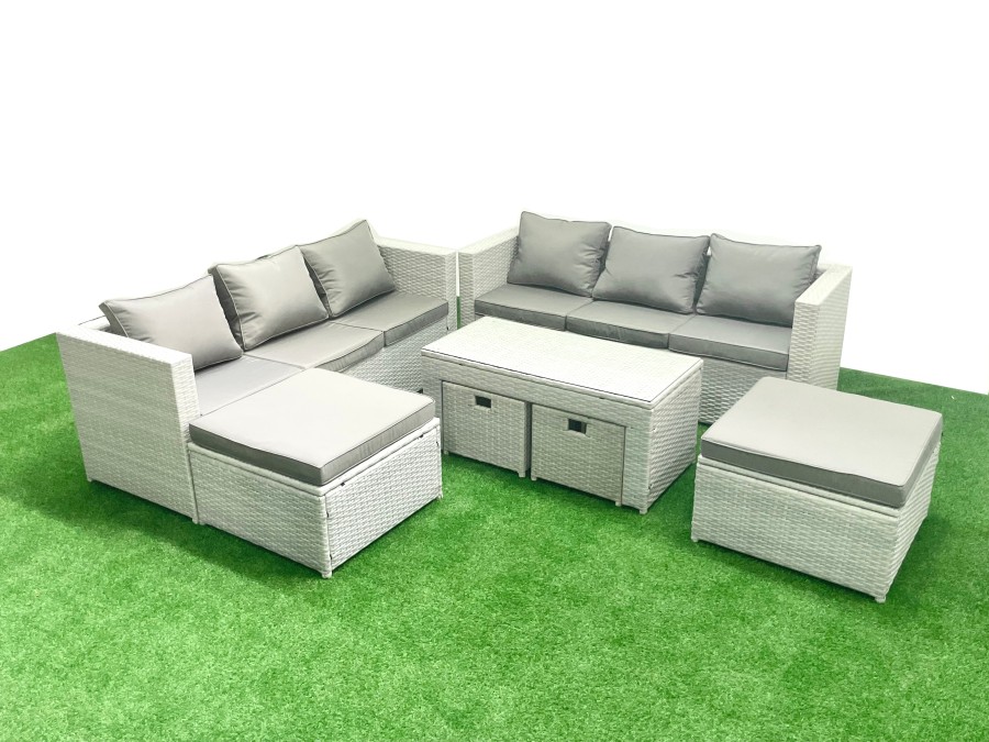 Click to view product details and reviews for Fimous Rattan Garden Furniture Set Outdoor Lounger Sofa With Coffee Table 4 Footstools Light Grey Mixed 10 Seater.