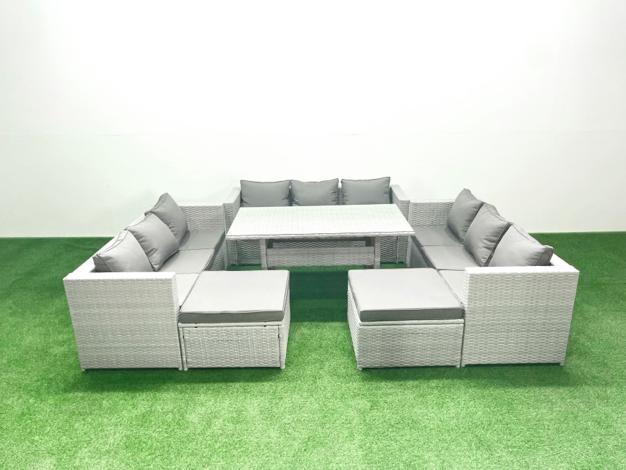 Click to view product details and reviews for Fimous Rattan Garden Outdoor Furniture Set 11 Seater Garden Sofa Rectangulr Dining Table Set With 2 Big Footstools Light Grey Mixed.