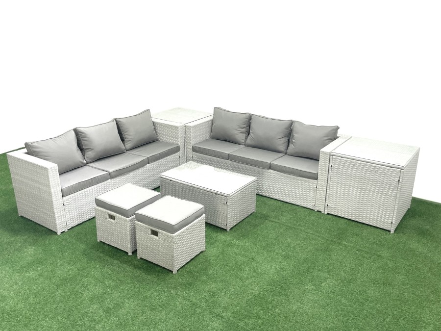 Click to view product details and reviews for Fimous Garden Outdoor Pe Rattan Furniture Set 8 Seater Rattan Garden Sofa Set With 2 Small Footstool 2 Side Tables Light Grey Mixed.