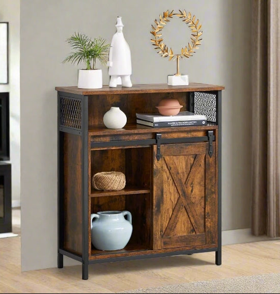 Industrial Storage Cabinet with Sliding Door, Adjustable Shelf, Open Compartment for Entryway & Living Room