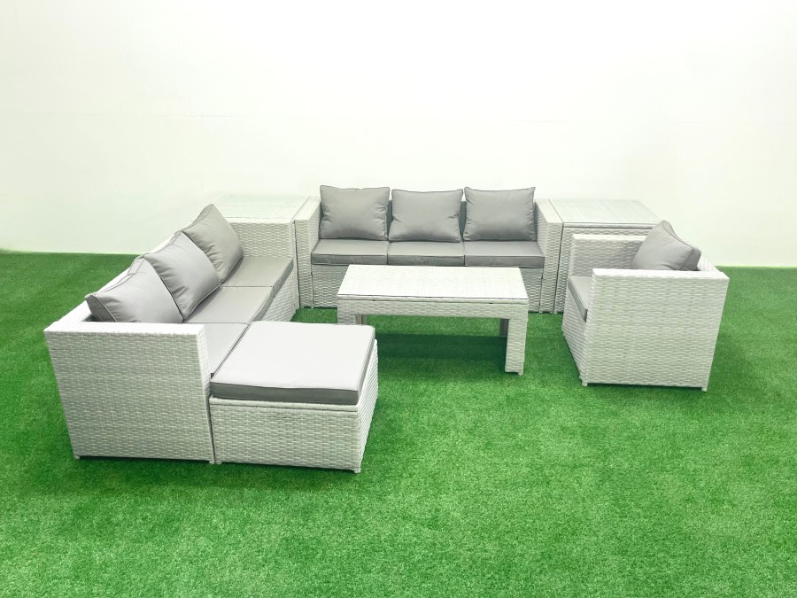 Click to view product details and reviews for Fimous Wicker Pe Rattan Sofa Garden Furniture Set With Oblong Coffee Table Armchair Big Footstool 2 Side Tables Light Grey Mixed.