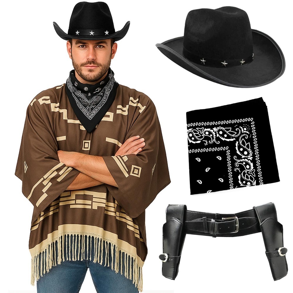 Click to view product details and reviews for Adults Wild Western Costume 4 Pcs Brown Poncho Black Bandana Holster Black Star Studded Cowboy Hat Standard.
