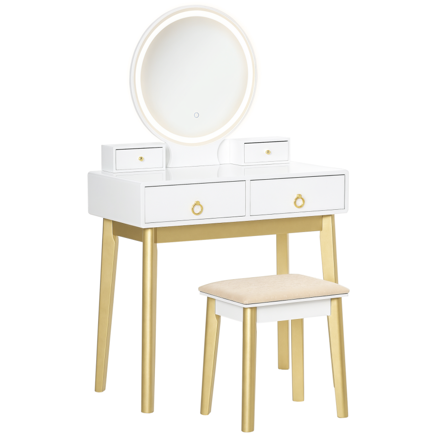 Click to view product details and reviews for Homcom Dressing Table Set With Mirror Built In 3 Color Led Light Vanity Makeup Table With 4 Drawers And Cushioned Stool For Bedroom White.
