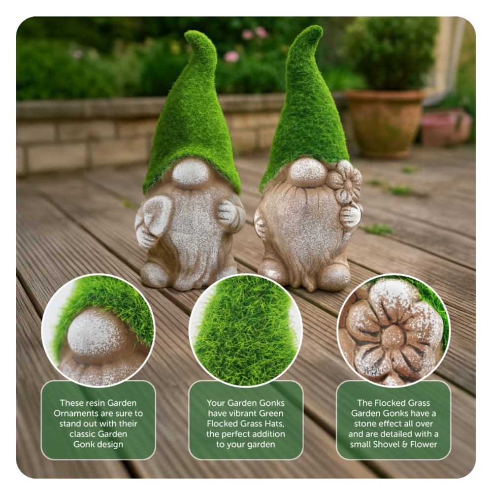 Pack of 2 Flower & Spade - 18cm Flock Grass Garden Gonk Gnome Ceramic Outdoor Ornament Statue Decoration