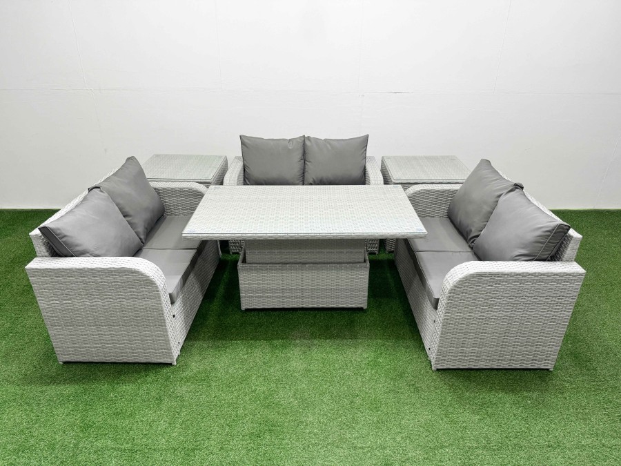 Click to view product details and reviews for Fimous 6 Seater Pe Wicker Rattan Furniture Sofa Sets With Adjustable Lifting Dining Or Coffee Table 2 Seater Love Sofa 2 Side Table Light Grey.