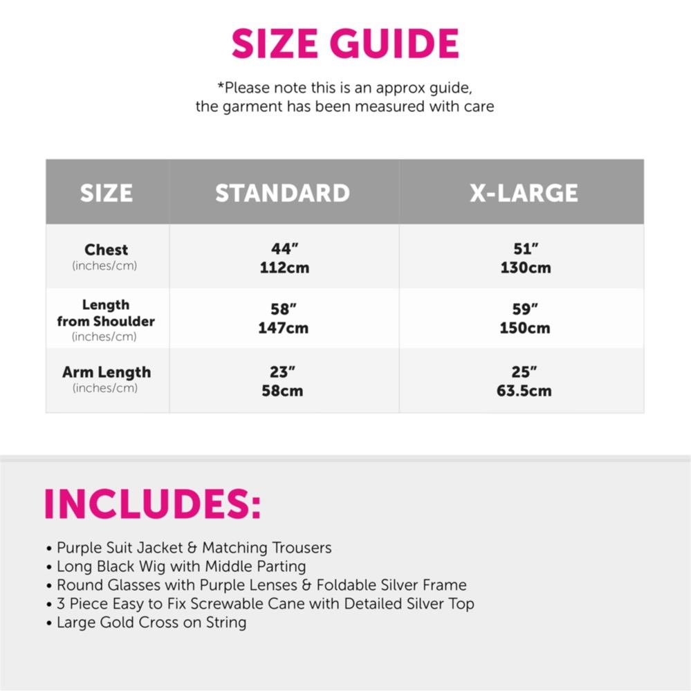 Ozzy Osborne Duster Jacket & Costume Set - Size Guide