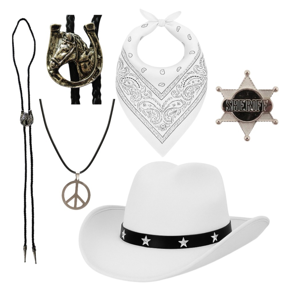 Click to view product details and reviews for Adults Cowboy Set 5 Pcs White Hat Bootlace Tie Necklace Bandana Sheriff Badge.