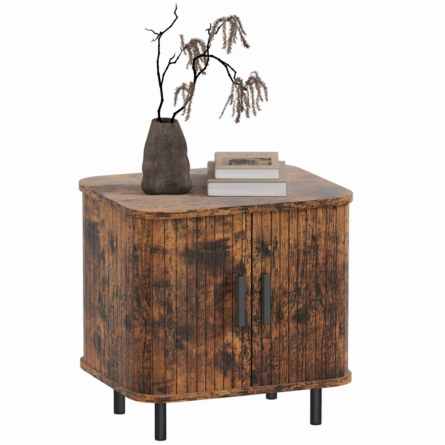 Click to view product details and reviews for Homcom Bedside Table Nordic Side Table With Roller Shutter Style Sliding Doors And Metal Legs For Bedroom Living Room Rustic Brown.