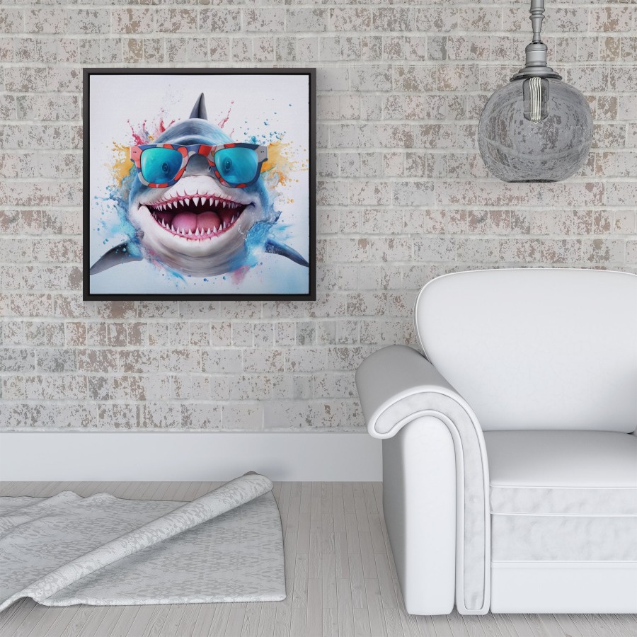 Click to view product details and reviews for Splashart Shark In Glasses Framed Canvas 16 X 16 Black.