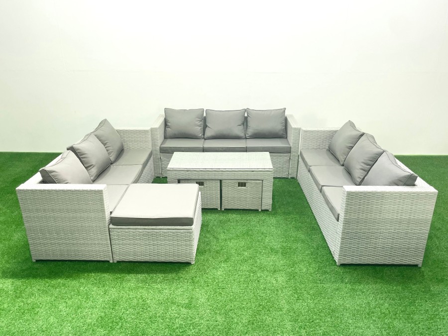 Click to view product details and reviews for Fimous Rattan Garden Outdoor Furniture Set 12 Seater Garden Sofa Oblong Coffee Table Set With 3 Footstools Light Grey Mixed.