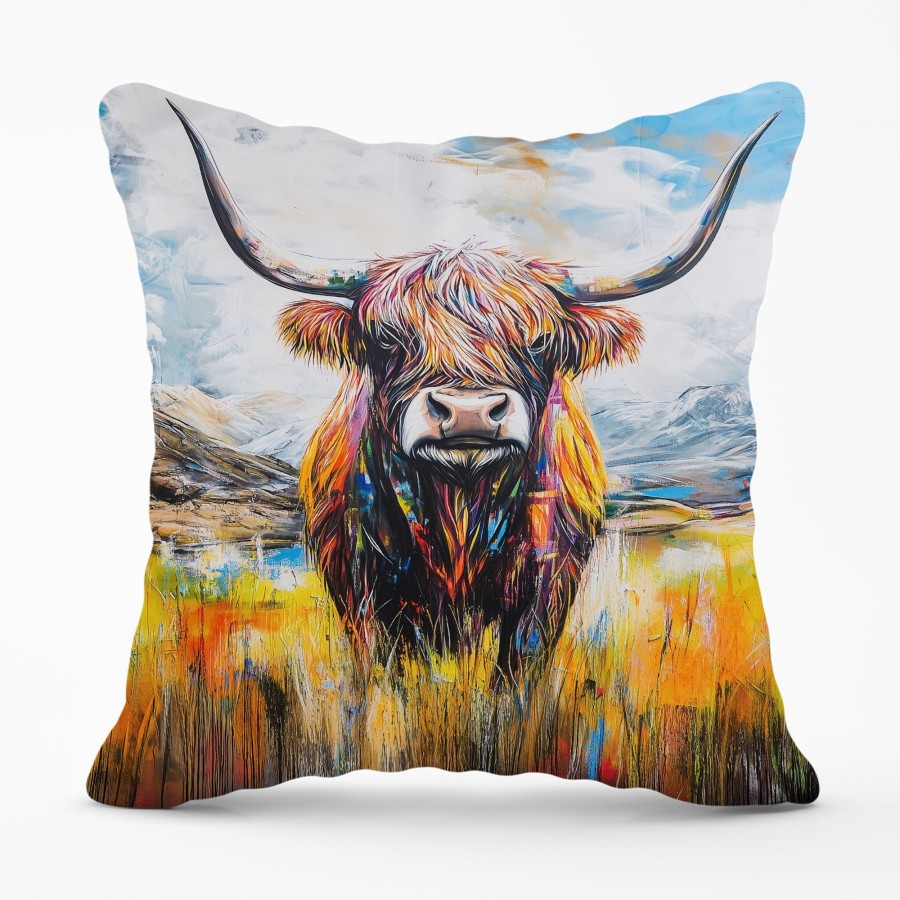Colourful Highland Cow Inspired By Banksy Cushions