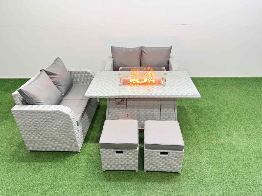 Click to view product details and reviews for Fimous 6 Seater Outdoor Love Sofa Set Rattan Garden Furniture Set With Firepit Dining Table 2 Small Stools Light Grey.