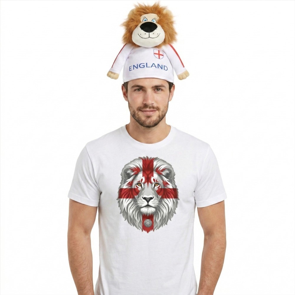 Click to view product details and reviews for Adults England St George Flag Lion Face T Shirt Lion Hat Set White Patriotic Football Fan Shirt Red Cross Graphic Supporter Top Large.